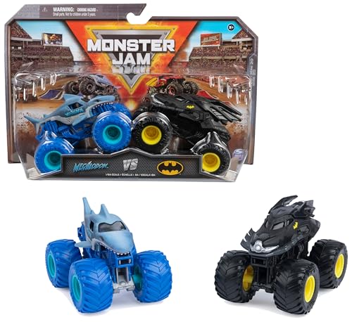 Monster Jam - Carros Monster Truck escala 1:64 - Pack de 2 camiões metálicos autênticos: Batman Vs. Megalodon - 6065293 - Carros para crianças - brinquedos crianças 3 anos +