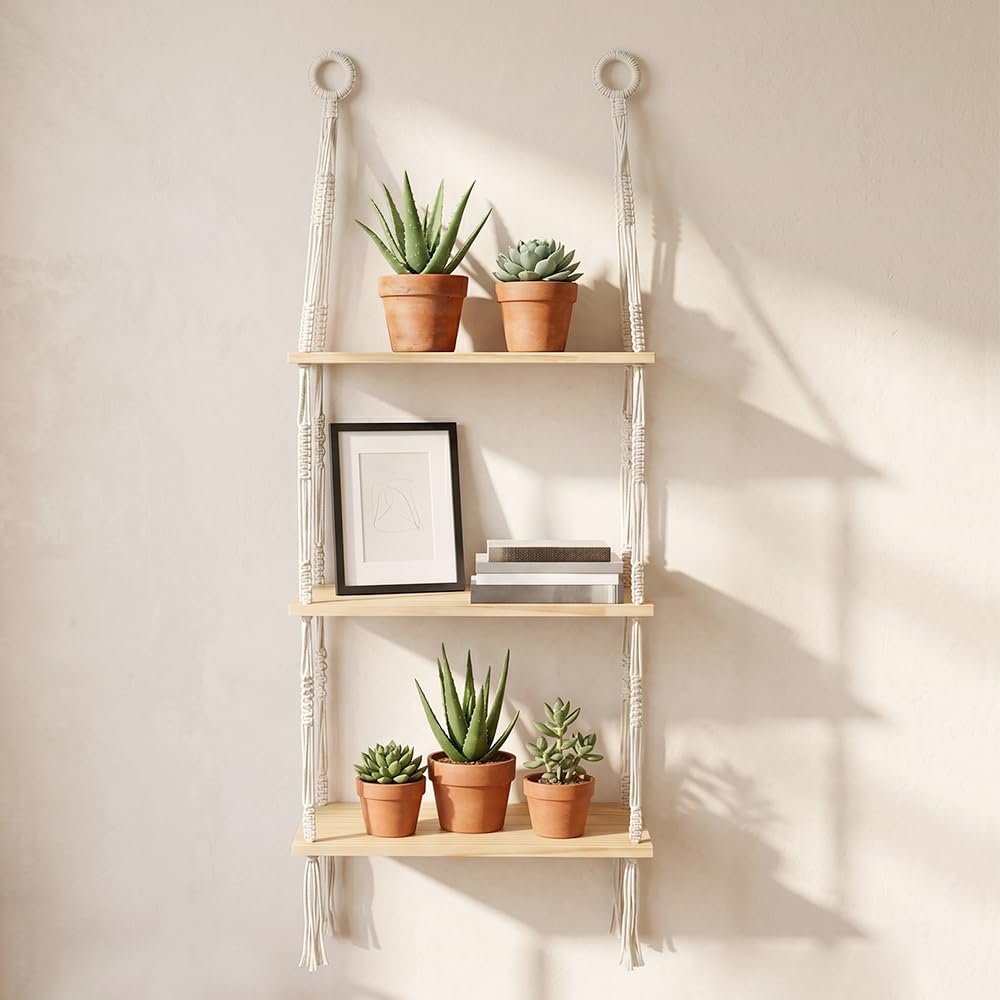 Mensole da Muro Legno, 3 Livello Scaffali di Corda in Legno con 2 Ganci Mensola Sospesa con Corda in Stile Boho Scaffale da Appendere da Parete Decor e Archiviazione per Soggiorno, Bagno