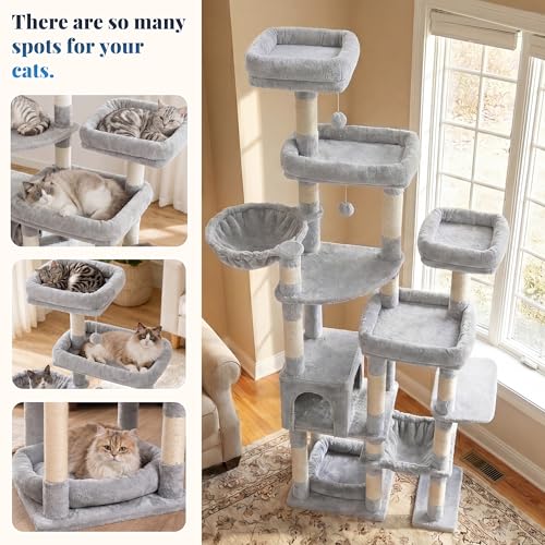 Image of Hey-brother Cat Tree Tower, Wide Base, 5 Platforms for Multi-Cats, MPJ074W | 72.8 Inches Tall Furniture, 5 Plush Beds, Large Condo, Big Hammocks, Sisal Scratching Posts, for Indoor Adult Cat, Light Gray