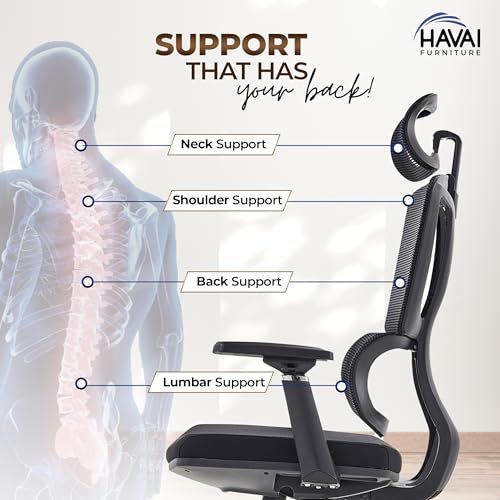 Image of HAVAI Neo High Back Ergonomic Mesh Office Chair | Multi-Lock Mechanism | Chrome Base | 3D Armrests with PU Pads | Adjustable Headrest | Breathable Mesh Back (Black)
