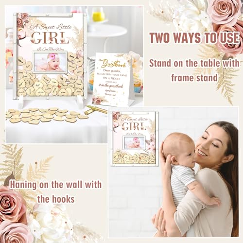 Image of Beeveer 65 Pcs Baby Shower Guest Book Alternatives Boho Flower Baby Shower Sign in Guest Book Decorations with Picture Frame and 60 Wooden Heart Chip Keepsake Gifts for New Parents