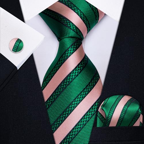 Image of YourTies Striped Ties for Men Classic Woven Silk Necktie with Handkerchief Cufflinks Set Formal Business Party Wedding