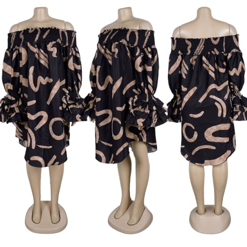 Image of WOKANSE Women's Casual Plus Size Shirred Dresses Off Shoulder Bell Sleeves Ruffle Loose Stretchy Neck Midi Dress