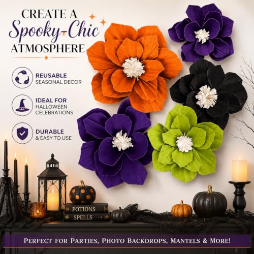 Image of Halloween Paper Flower Decorations Witch Death Reaper Pumpkin Zombie Ghost Wall Flowers Decor for Halloween Party Backdrop Wall Door Mantel Table Home Indoor Celebration Decor