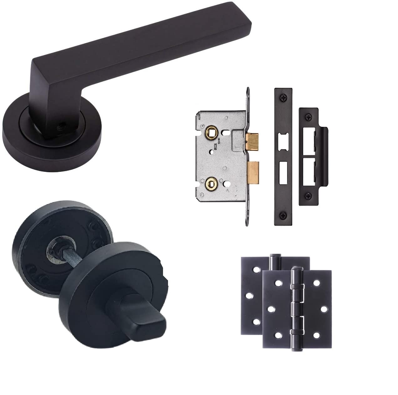 Golden Grace Delta Bathroom Door Handles on Round Rose in Stunning Matte Black Finish Complete with 1 Pair of Ball Bearing Hinges Mortise Lock & Matching Thumbturn