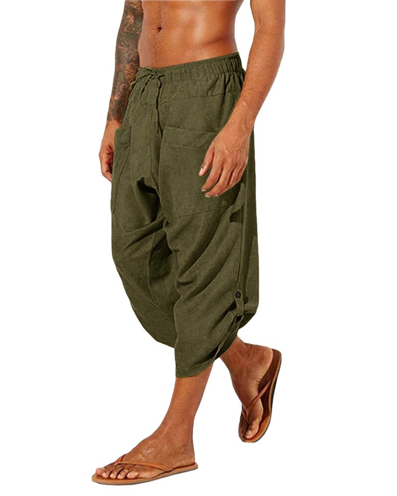 Gafeng Mens Linen Harem Capri Pants Drawstring 3/4 Shorts Casual Beach Yoga Hippie Thai Pants