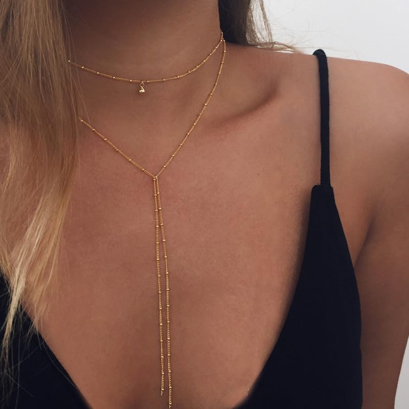 Lariat Long Necklace for Women Dainty Gold Long Necklaces Trendy Y-Shaped Pendant Necklace Layered Beaded Chain Necklaces - Image 3