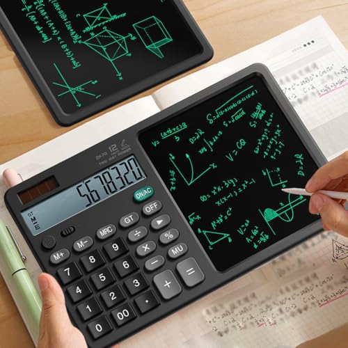 Desk Calculator with Erasable Writing Pad, 12-Digit Wide Screen Display, 100,000+ Reusable LCD Notepad, One-Click Clear & Lock Function, Solar and Battery Dual Power for Office,School,Business (Black)