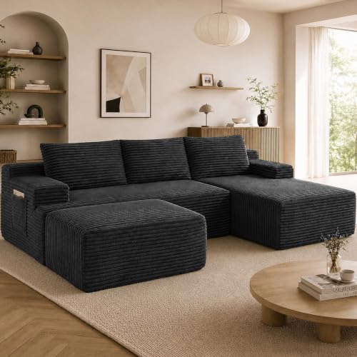 Image of Boneless Couch, Modular Sectional Couches for Living Room, U-Shaped Cloud Couch Sofa with Deep Seat, Fluffy Corduroy Upholstered Corner Sofa