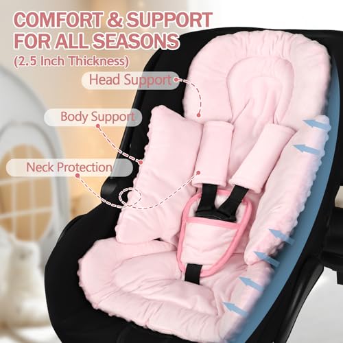 Image of Infant Car Seat Insert Boy Girl, 3 in 1 Newborn Carseat Insert with Strap Pads,Car Seat Head Support for Baby Strollers, Swings, and Bouncers,Comfortable and Machine Washable, Pink