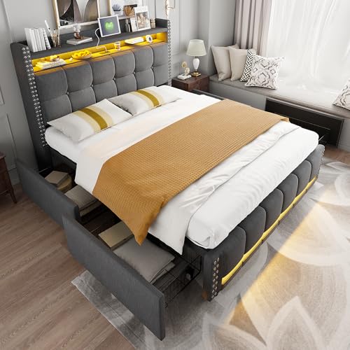 Lcoho Cama tapizada, con iluminación LED y enchufe USB, cabecero con estantes y espacio de almacenamiento, con sistema hidráulico para almacenamiento, cama doble para adultos (gris, 140 x 200 cm)