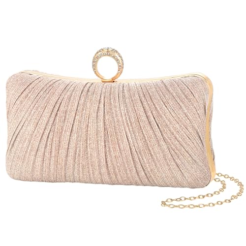 Image of Womens Golden Glitter Clutch Purse Pleated Evening Bag for Bridal Wedding Party with Rhinestone Ring
