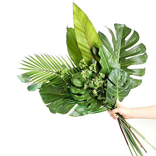 Recosis 60 Pieces 5 Kinds Artificial Palm Leaves With Faux Stem, Tropical Party Decorations Jungle Monstera Leaves Safari Leaves For Hawaiian Luau Party Jungle Beach Table Leave Decorations #TOP6
