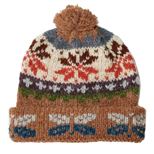 TINKUY Peru Geometric Pom Pom Beanie, Authentic Peruvian Alpaca Woolen Bobble Hats for Men and Women, Unisex, One Size, Camel