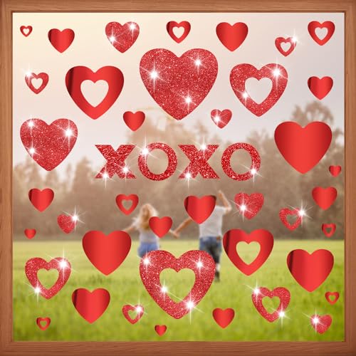 Quera Glitter Valentine's Day Heart Window Decals XOXO Double-Sided Love Stickers Red PVC for Home Wedding Anniversary Party Supplies Glass Display Decoration, 6 S