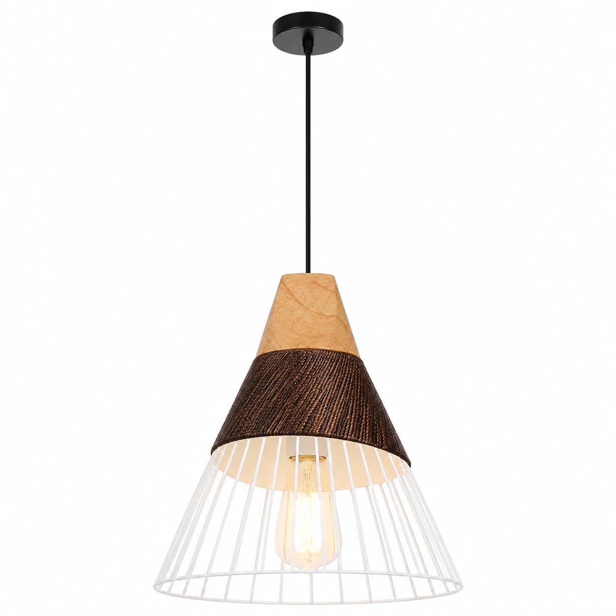 ESIYUVO Industrial Pendant Light, Wood and Iron Cage Hanging Lamp with E27 Socket and Adjustable Cord for Dining Room, Kitchen Island, Bedroom, Study, Entryway, Hallway and Rustic Indoor Home Decor