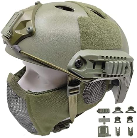 Tactical Airsoft Fast Helmet PJ Type and Metal Mesh Mask Foldable Double Straps Protect Ear Full Face Protection (Green)
