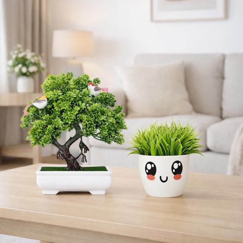 Eden Artificial Bonsai Tree with Bird Cute Face Pot Grass Combo for Home Decor | Mini Fake Plants Set for Table Office Desk Indoor Decoration Green
