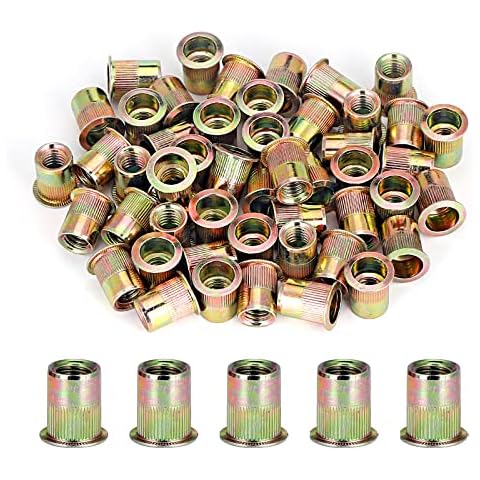 5/16''-18UNC 50pcs Rivet Nut Kit,Carbon Steel Flat Head Rivnut Threaded Insert Nut Set,Knurled Body,Yellow Zinc Plated Finish Cover
