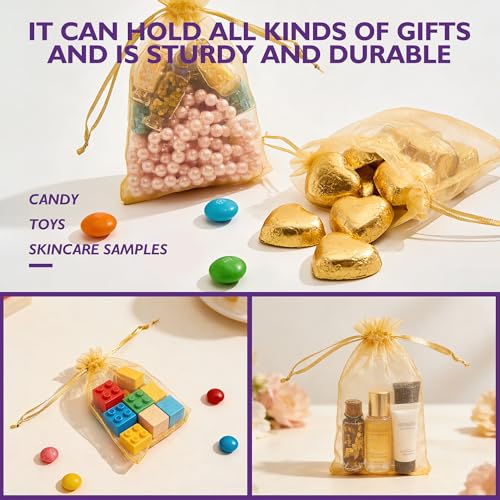Image of PACKINNO 100pcs Gold Organza Bags, Sheer Organza Bags 4x6 Inch, Small Mesh Bag, Drawstring Gift Bags for Party, Jewelry, Candy, Christmas, Festival, Bathroom Soaps, Makeup