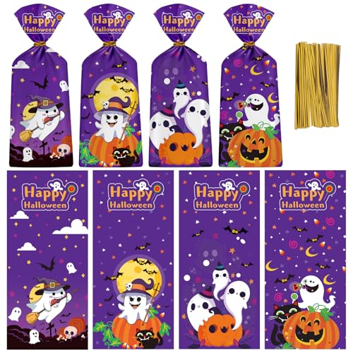 PADELO 60 Pcs Halloween Treat Bags - Cute Happy Halloween Candy Bags, Plastic Helloween Cellophane Goodie Gift Goody Bag with Golden Twist Ties for Helloween Themed Party Supplies Favors, 4 Styles