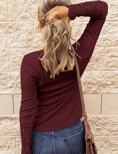 Image of Kancystore Women's Fall Long Sleeve Tops Lace V Neck Button Down Henley Shirts Tunic Blouses