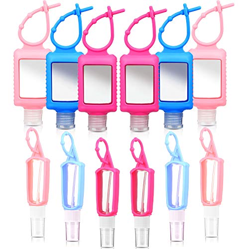 12 Pieces Travel Plastic Clear Bottles with Silicone Sleeve, 60 ml/ 2 oz Empty Travel Size Flip Cap Reusable Bottles, 30 ml/ 1 oz Portable Spray Containers Mini Keychain Hand Liquid Holder