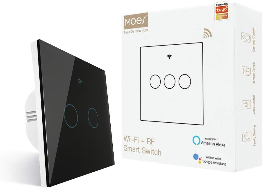 MOES WiFi Smart Touch Wall Switch With 1 Way or 2 Way Multi-Control Association, Black