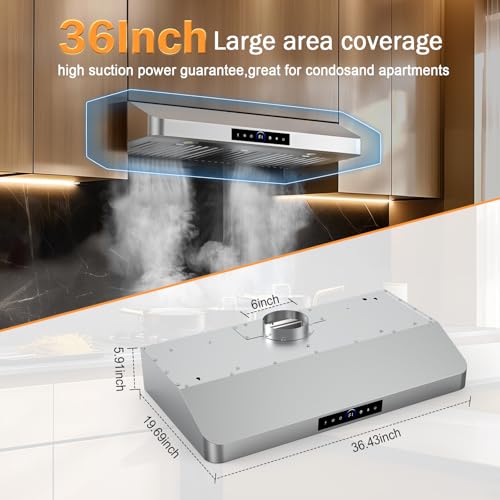 Image of 36 Inch Under Cabinet Range Hood 1200 CFM, 4-Speed Kitchen Hood with Touch Control & Gesture Sensing Stainless Steel Kitchen Stove Vent Hoods with 2 LED Lights Standard Series