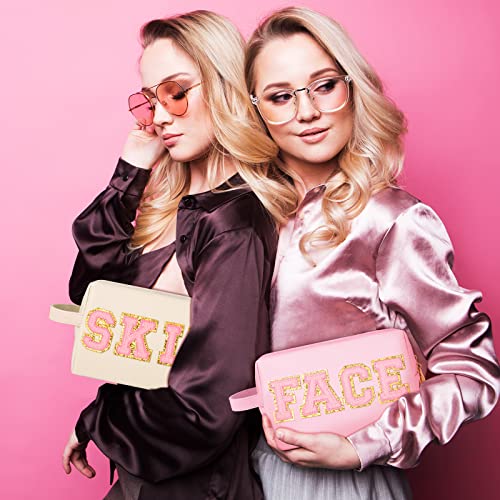 Sotiff 3 Pcs Preppy Patch Makeup Bag Hair Face Skin Cosmetic Bag Travel Toiletry Bag for Women Chenille Letters Patch Bag with Handle Waterproof Portable Preppy Purse Zipper Pouch for Girls3