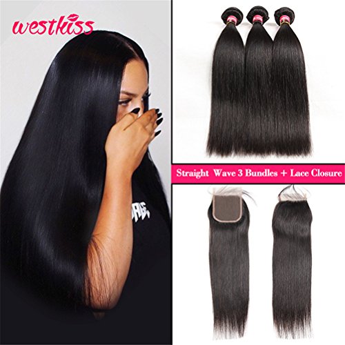 West Kiss Brazilian Virgin Straight Human Hair Weave Pack of 3 with 1 piece Free Part Lace Closure Brazilian Remy Wavy Wholesale Hair Products (18 20 22 & 16 inch)