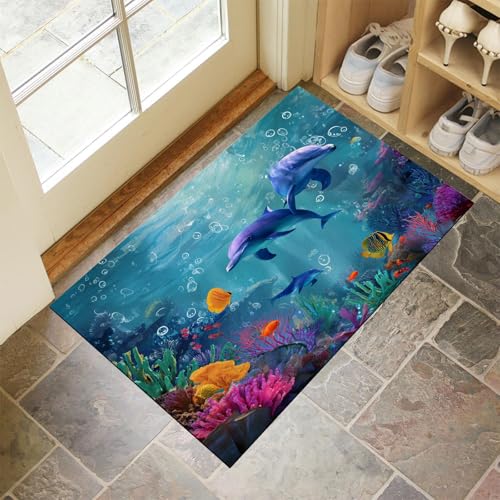 Tapis de sol antidérapant lavable corail dauphin bleu royal - 4