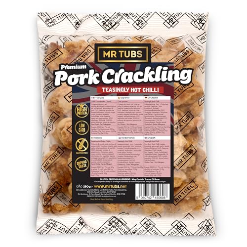 Mr Tubs Corteza de Cerdo 250g a Granel - Corteza de Cerdo Premium, Sin Gluten, Alto Contenido Proteico, Bajo en Carbohidratos, Apto para Dieta Keto (250g, Chile picante tentadoramente)