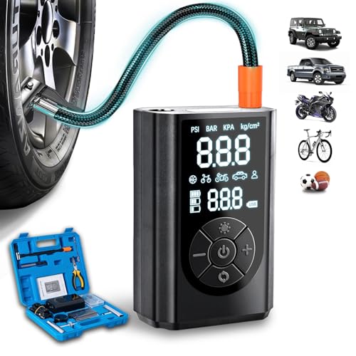 Tire Repair Kit with Tire Inflator Portable Air Compressor, 70pcs Heavy Duty Tire Plug Kit with 150PSI Cordless Air Pump, Universal Tire Repair Tools for Truck, Tractor, Motorcycle, Bicycle, Ball