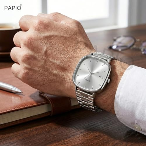 Image of PAPIO Analog Quartz Watch with Date Display | Silver Stainless Steel Strap | Square Dial Formal & Casual Wrist Watch for Men