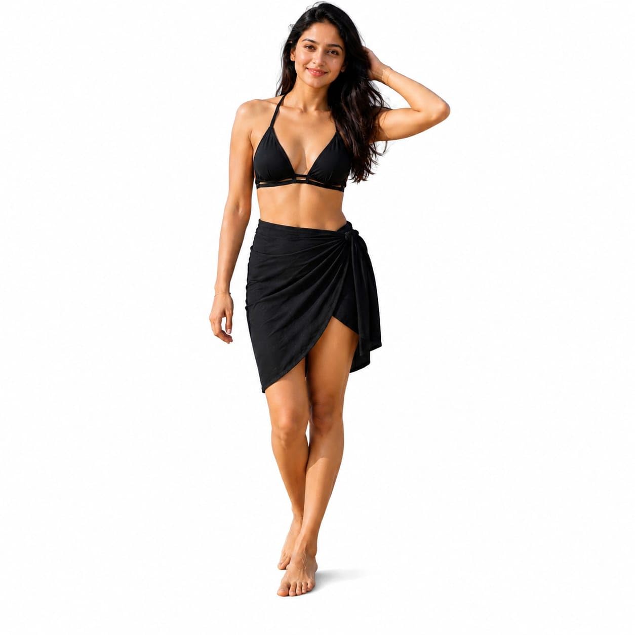 Women's Black Bikini Set with Wrap Sarong Skirt Cover-Up-image-7