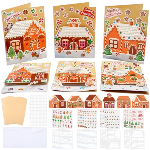 ojustbeok 24 Sets Christmas Gingerbread Craft Kit for 3D Gingerbread House Card Making Your Own Festive Winter Greeting Cards Xmas DIY Card Crafts for Holiday Home Art Crafts Supplies