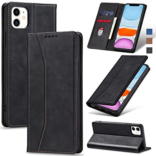 Image of Jasonyu Flip Wallet Case for iPhone 11,Leather Magnetic Folio Cover with Card Holder,Kickstand - TPU Shockproof Durable Protective Phone Case,Black