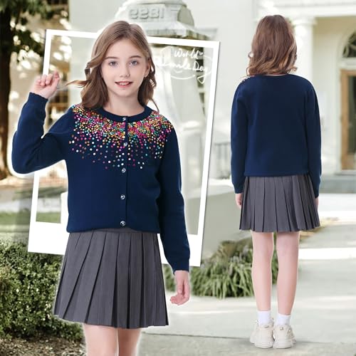Rolanko Girls Cardigan Sparkling Sequin Kids Knit Button Up Sweater Cardigan Long Sleeve 4-11 Years3