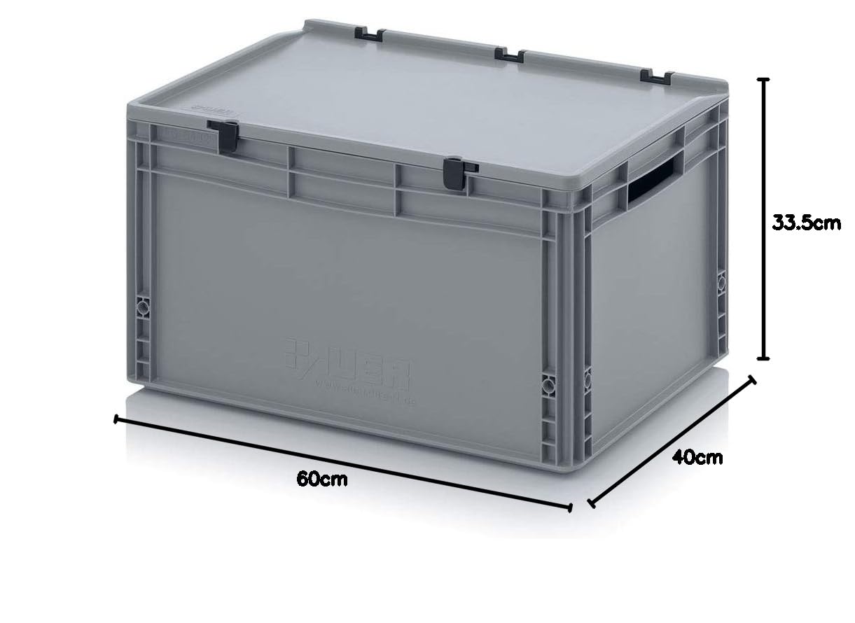 Auer Packaging Eurobox Eurobox - Caja apilable (60 x 40 x 33,5 cm, con asas abiertas y tapa con bisagras, incluye metro plegable)
