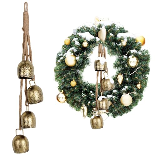 Christmas Bells Set of 4 Christmas Decor Bells Chic Cow Bells Handmade Christmas Bell Ornaments for Christmas Tree Christmas Wreath Hanging Decorative Bells for Doors Walls Windows Iron Cow Bells
