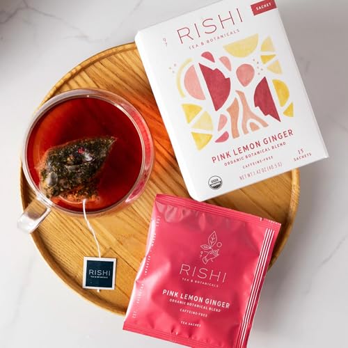 Rishi Tea Pink Lemon Ginger Herbal Tea, Organic Direct Trade Sachet Tea Bags, Certified Kosher, Caffeine Free Juicy and Zesty with Shiso, 15 Count (Pack of 6)
