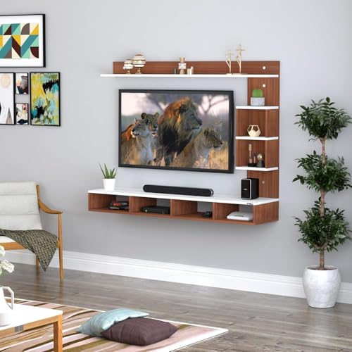 Image of Furniture Cafe Wall Mounted TV Unit - Floating Entertainment Center with Storage Shelves for Set Top Box, Books & Decor - Wooden Media Console for Living Room