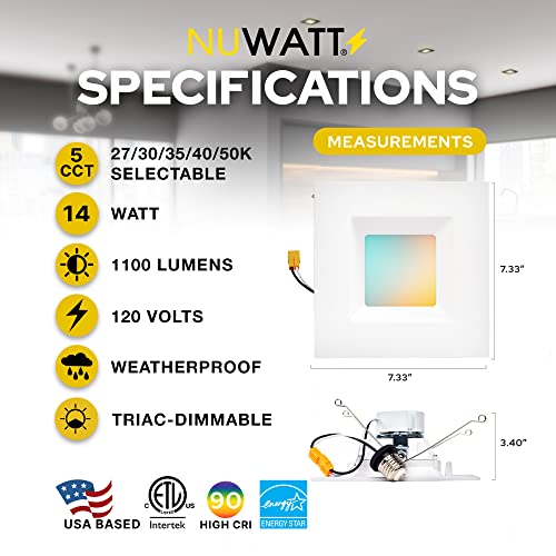 Nuwatt | 4 Pack | 5/6 Inch Retrofit Led Square Recessed Lighting, Selectable 2700K 3000K 3500K 4000K 5000K, 1100 Lumens 14W, Dimmable Ceiling Light, White Square Trim Can Light Wet Rated, Etl Listed #TOP1