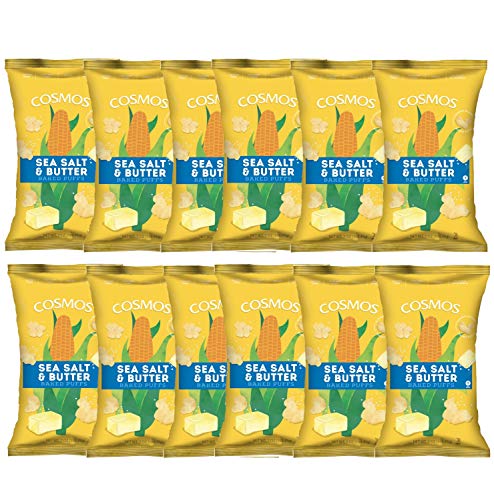Cosmos Creations Sea Salt and Butter Puffed Corn 7 Ounce ( Twelve Pack, 14 oz) - 12 Bags of Sea Salt and Butter Nuggets - Hull-less Popcorn Snack - Twelve 7 oz Bags