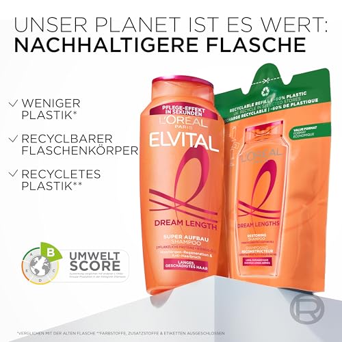 L'Oréal Paris Elvital XXXL Shampoo gegen Spliss, Für traumhaft langes Haar, Mit Rizinusöl, Vitaminen und pflanzlichen Proteinen, Dream Length Super Aufbau Haarshampoo, 1 x 1000 ml