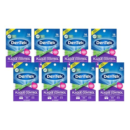 Image of DenTek Easy Brush Interdental Cleaners, Tight Between Teeth Brushes, Plaque Control, Dental Picks for Oral Care, Fresh Mint, 16 Count (Pack of 8)