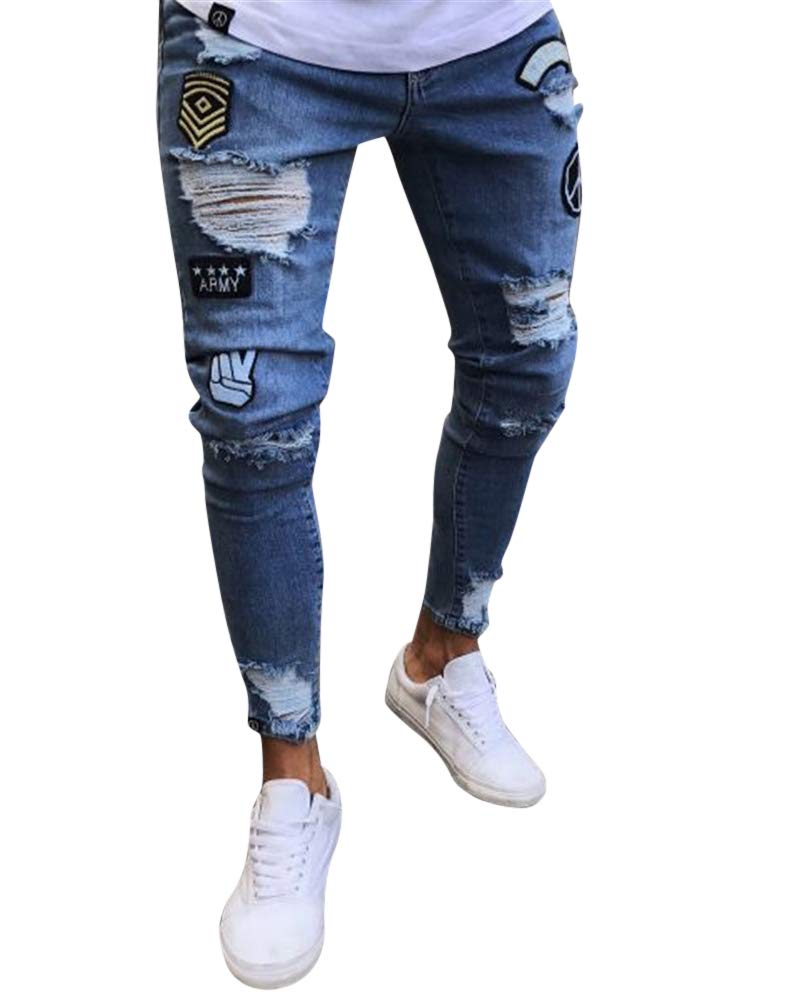 MISSMAO Plus Size Distressed Holes Denim Mens Ripped Stretch Zipper Jeans Skinny Frayed Biker Stylish Denim Pants Hiphop Streetwear Jeans Trousers,#1890,L