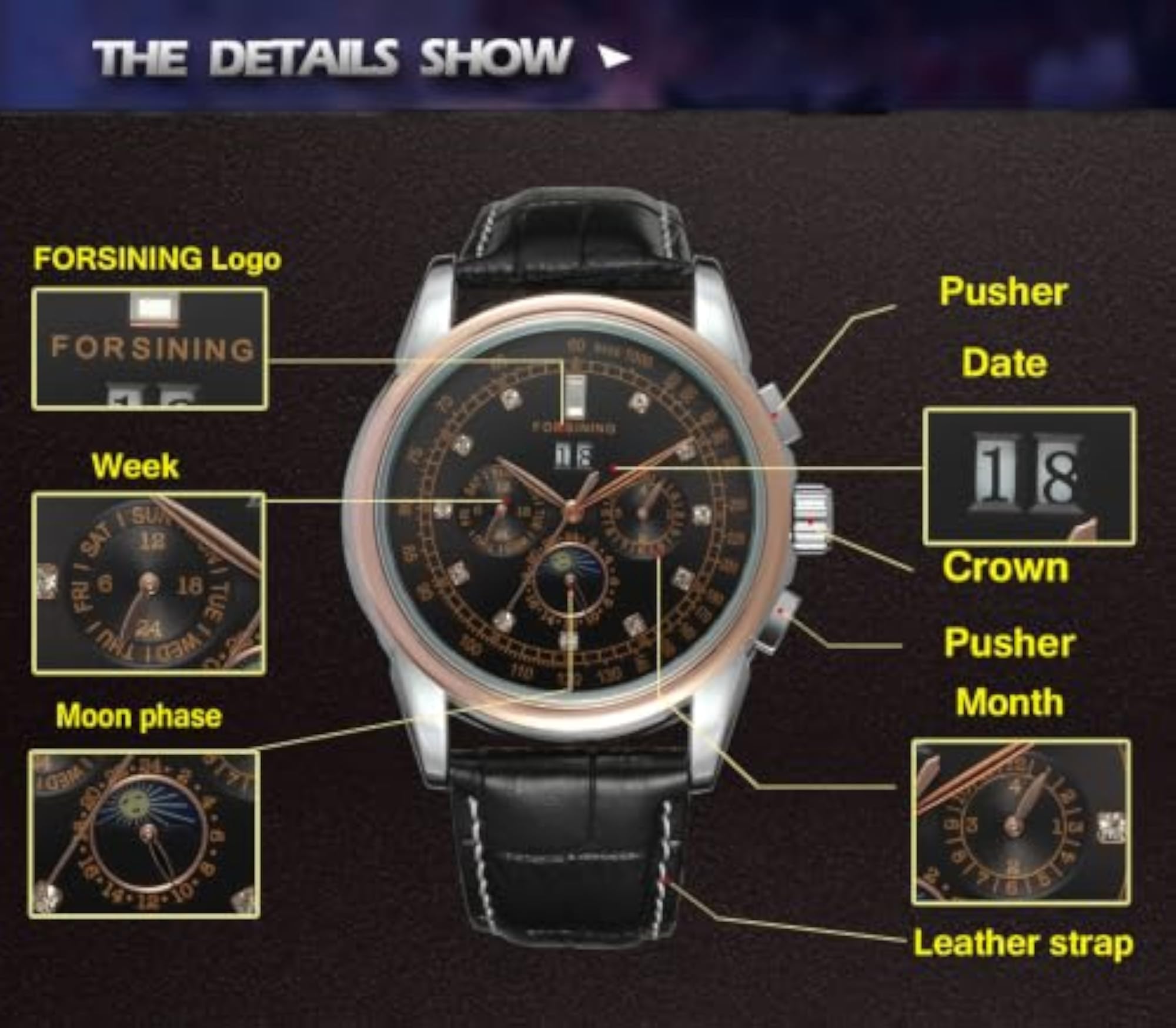 Automatic Couple Watch Set with Moon Phase & Multi-Function Dial