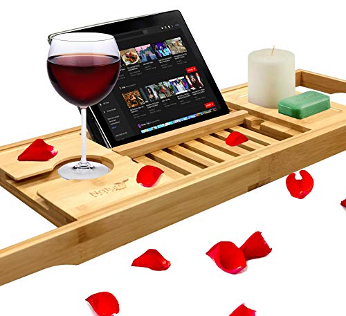 Wooden Bamboo Luxury Bathtub Tray For Your Book, Tablet Or Smartphone - Bath Caddy Table With Extending Adjustable Arms For Tub - Wide And Adjustable With Wine Holder On Side #TOP5